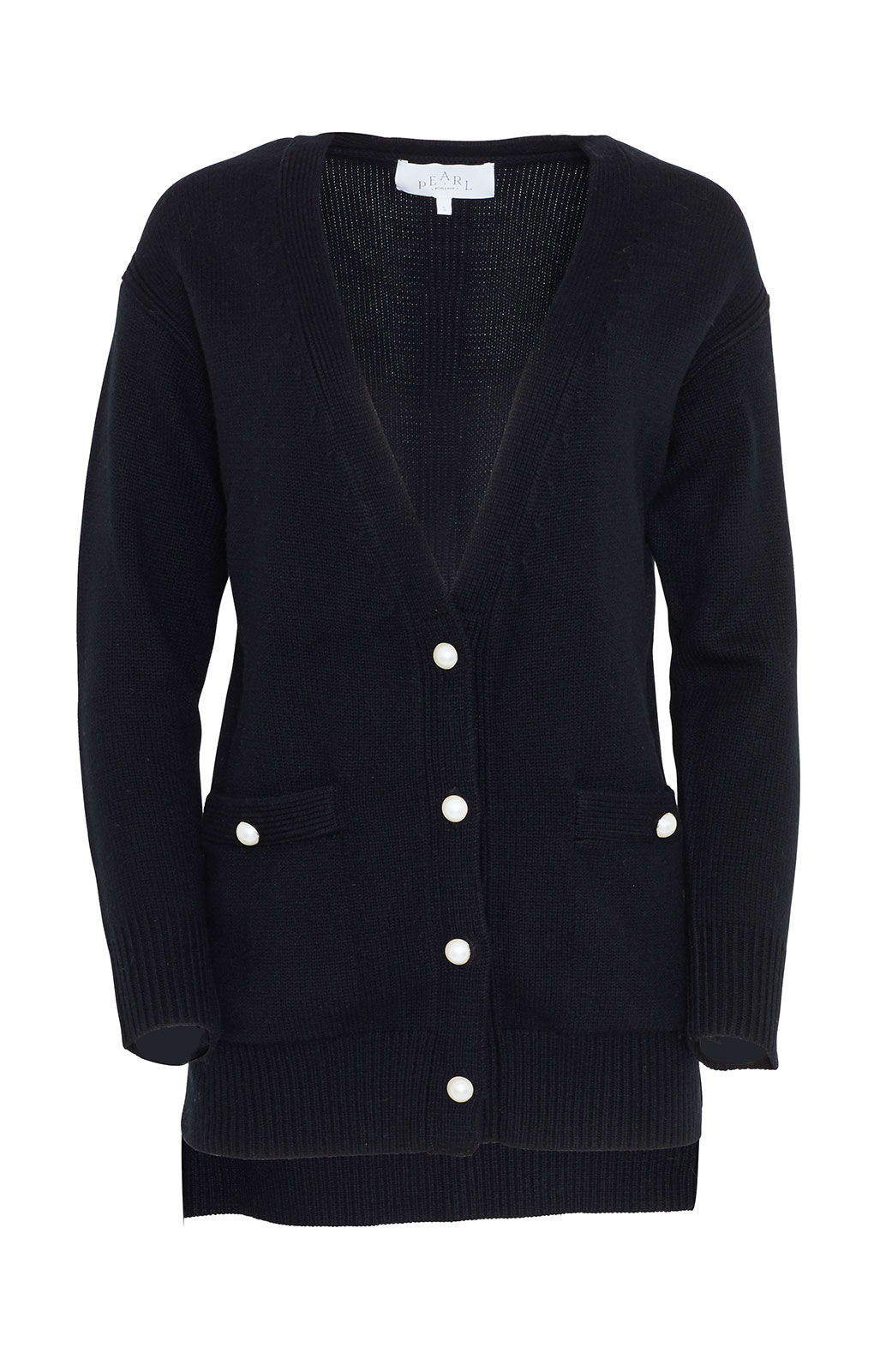 black cardigan with pearl buttons