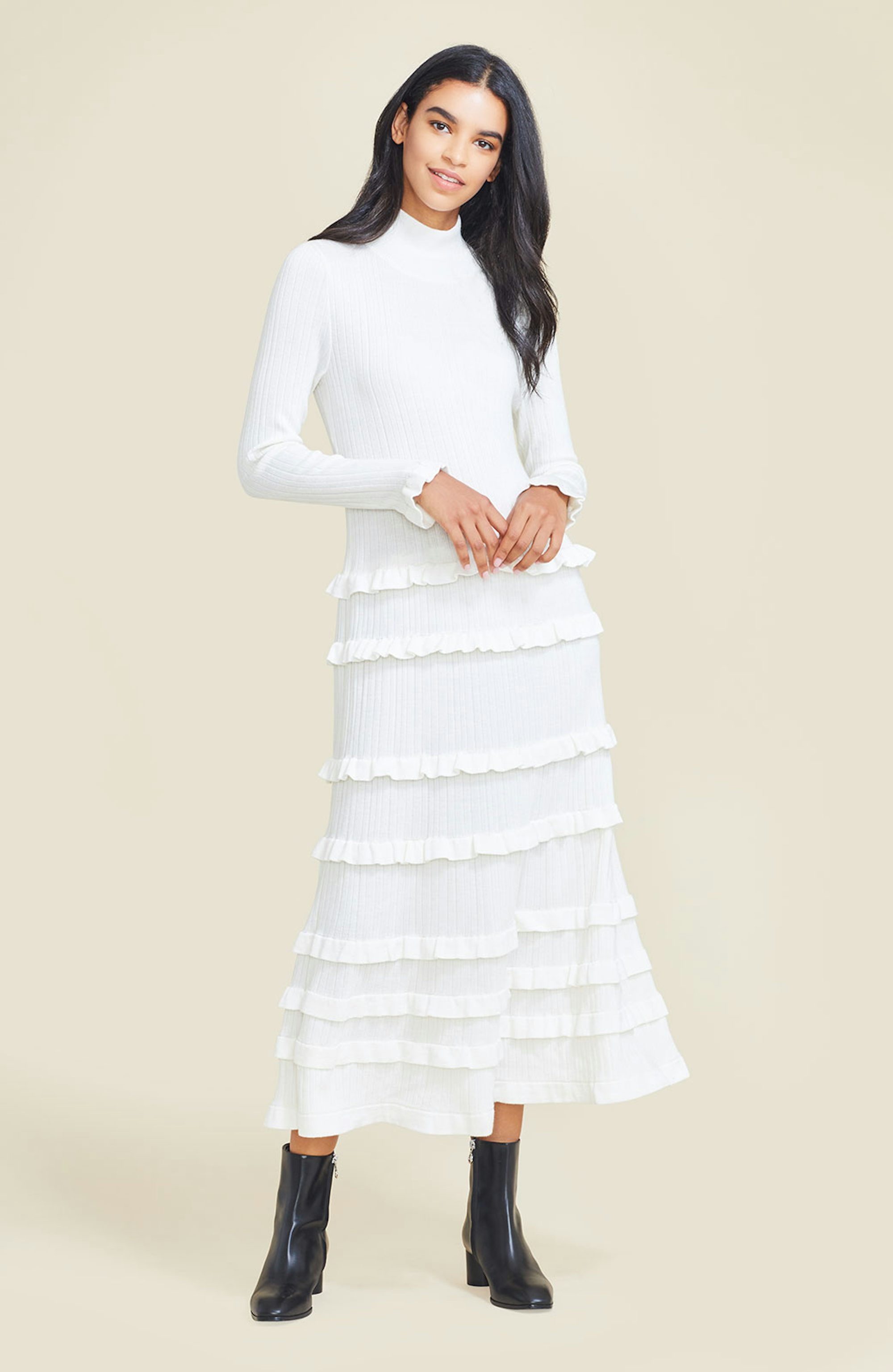 lela rose ruffle detail long sleeve knit midi dress